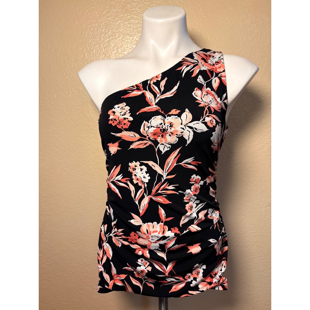 White House Black Market Floral One Shoulder Ruched Top Black Pink XS #5
